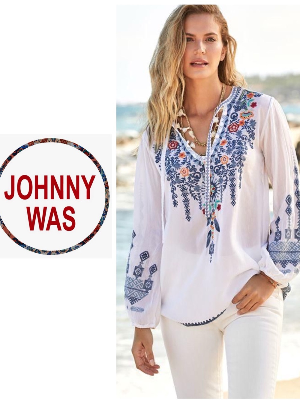 Johnny Was Chelsea Tunic with Blue and Coral Embroidery top